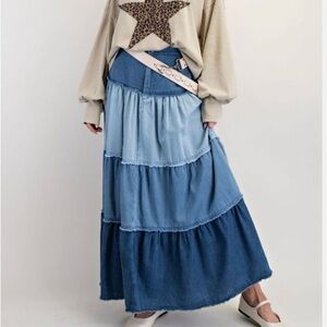 Easel Denim Blue Maxi Skirt L Tiered Colorblock Elastic Waist Boho Countrycore